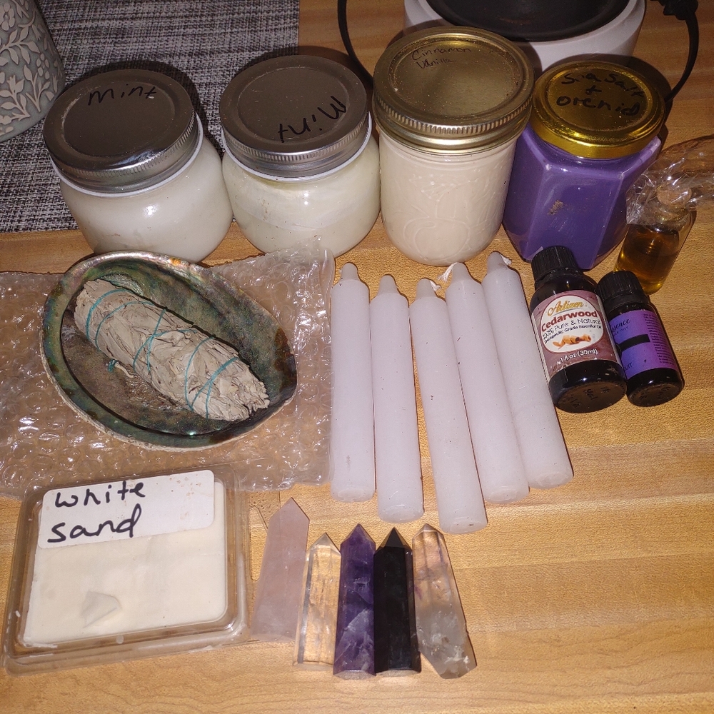 Sage, candles, crystals
